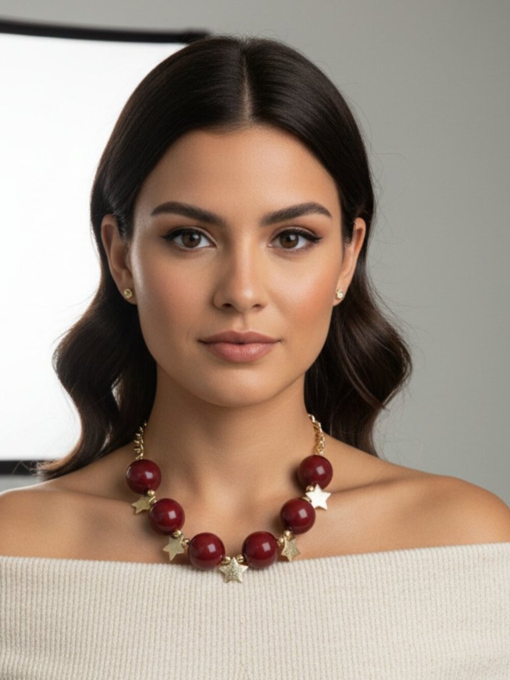 NEW Red-Brown Bead Fashion Necklace + Star Earrings Set | WN60